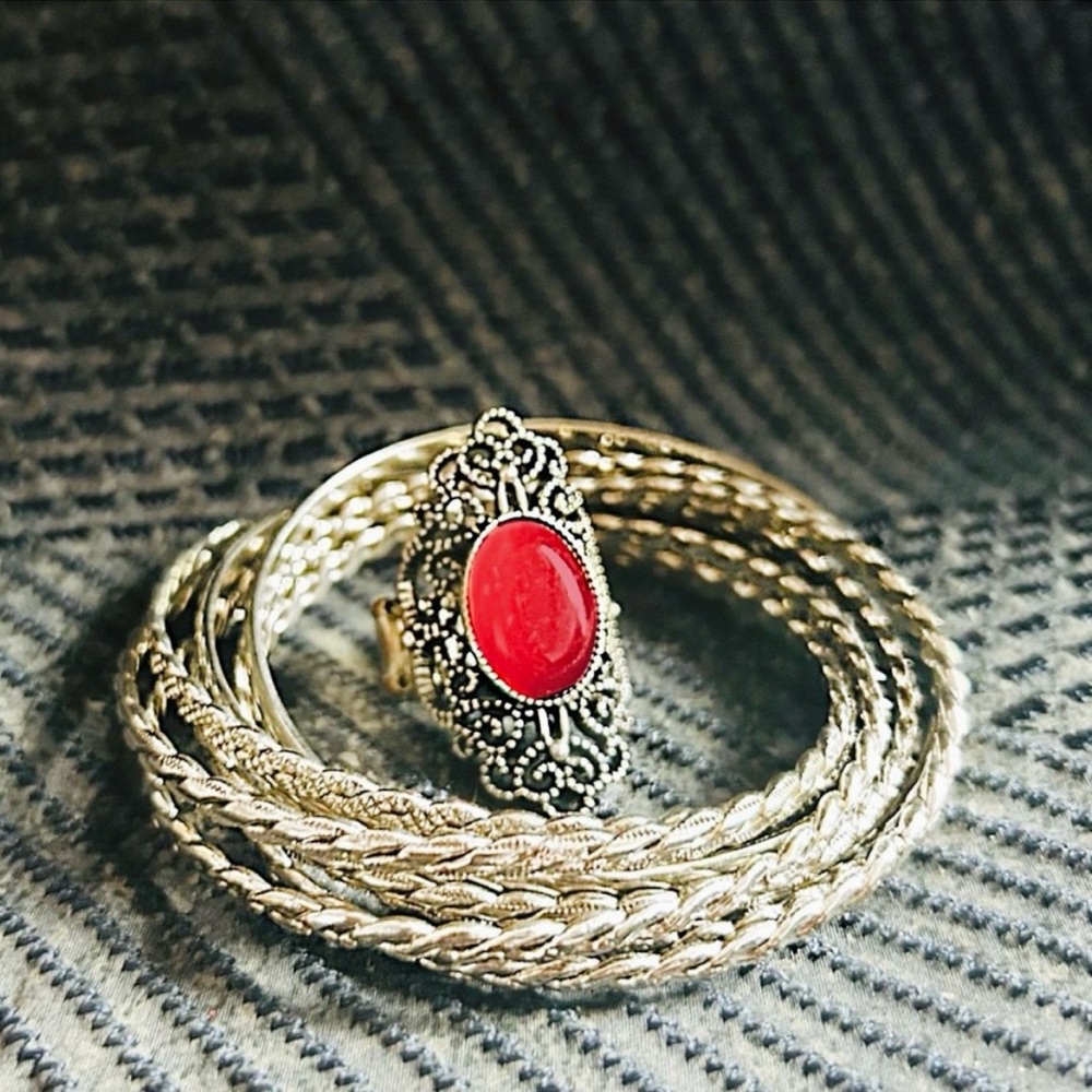Silver Tone Bracelet Stack with Red Gem Filigree Ring
